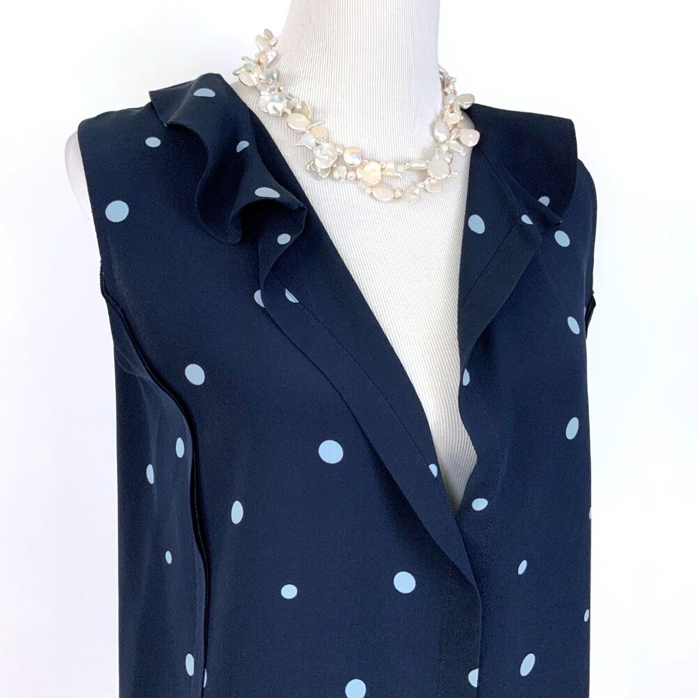 MARNI Navy Blue Polka Dot Sleeveless Blouse Ruffle Neck Sz 44 (M) - Picture 12 of 16
